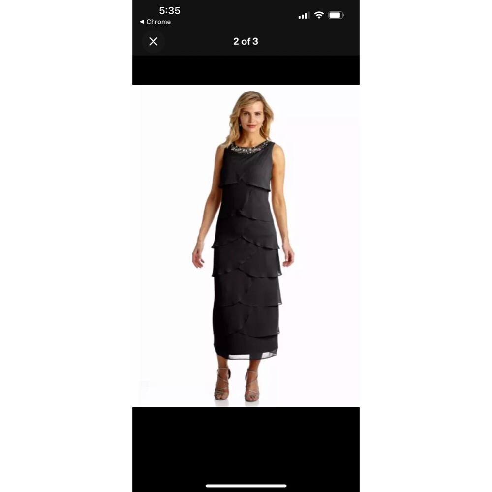R&M Richards 5234 Black Chiffon Tiered Midi Cocktail Dress w/Beaded Neck